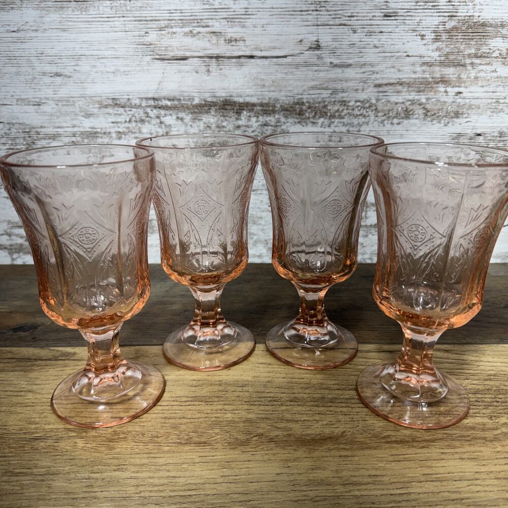 4 Vintage Indiana Glass MADRID Pink Depression Recollection Footed Goblet